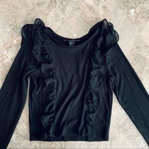 Black Longsleeve Crop Top Ribbed with Ruffles